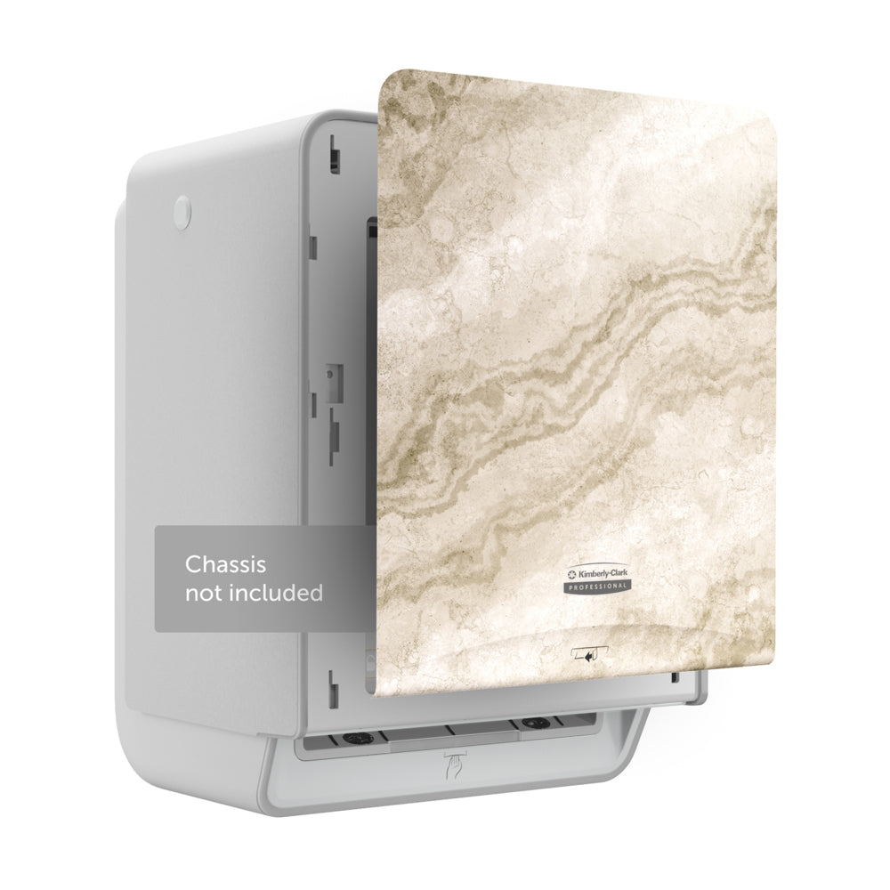 Die Kimberly-Clark Professional™ Icon™ Dispenser Faceplate - eHRT von Kimberly-Clark GmbH, abgebildet auf einem weißen Chassis (nicht im Lieferumfang enthalten), zeichnet sich durch ein elegantes beigefarbenes und hellbraunes Marmor-Muster aus. Größe: 33,02 cm x 37,47 cm x 3,18 cm.