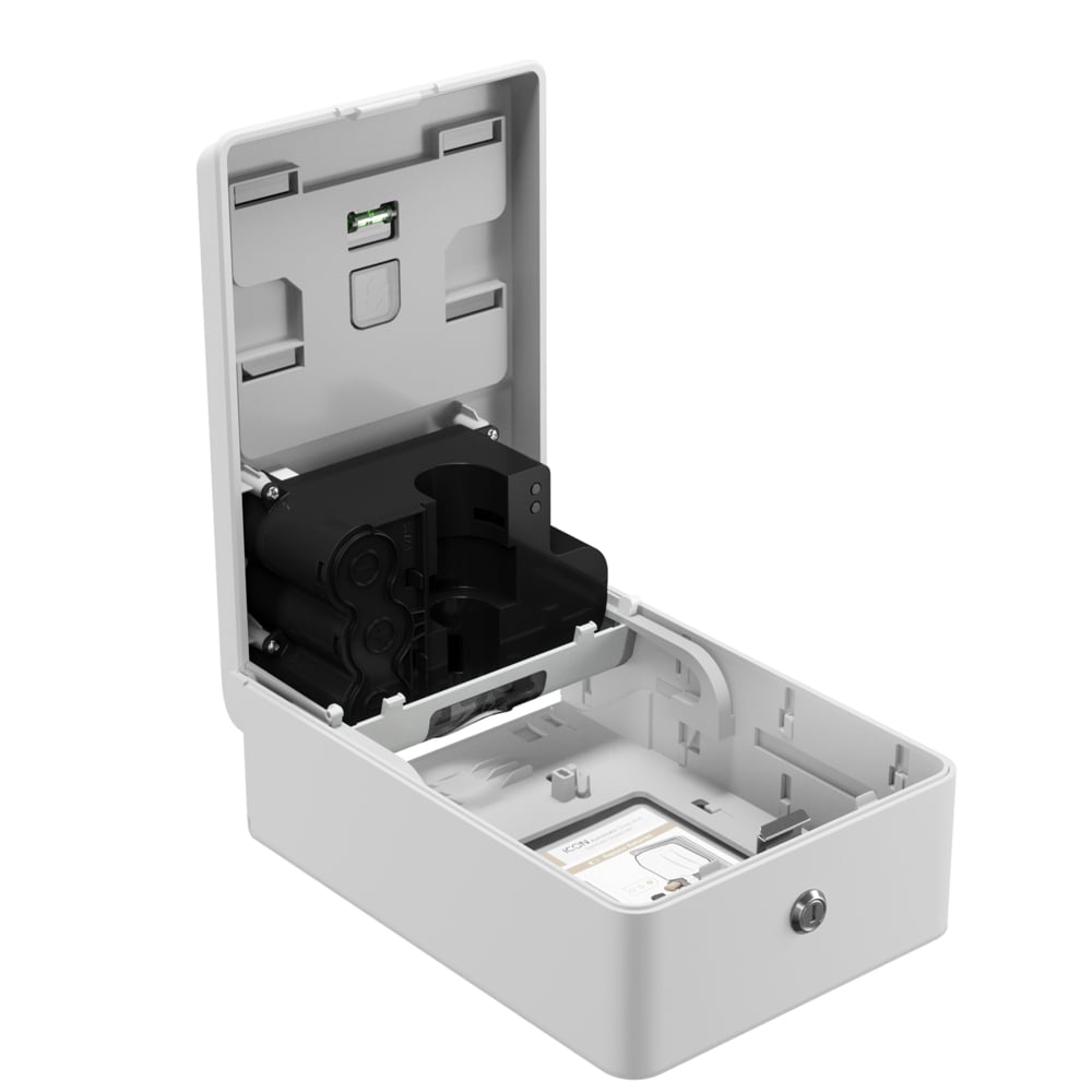 Der Kimberly-Clark Professional™ Icon™ elektronischer Hautpflegespender (White Mosaic, 1,2 l) von Kimberly-Clark GmbH verfügt über eine berührungslose Abgabe, einen aufklappbaren Deckel mit Verriegelungsmechanismus, einen schwarzen Batteriehalter, eine Verkabelung und einen SIM-Karten-Slot für Hygiene.