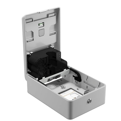 Der geöffnete Kimberly-Clark Professional™ Icon™ Elektronischer Hautpflegespender (Silver Mosaic, 1,2 l, berührungslos) von Kimberly-Clark GmbH zeigt Batteriefach und Kartenslot - eine hygienische Lösung auf weißem Hintergrund.