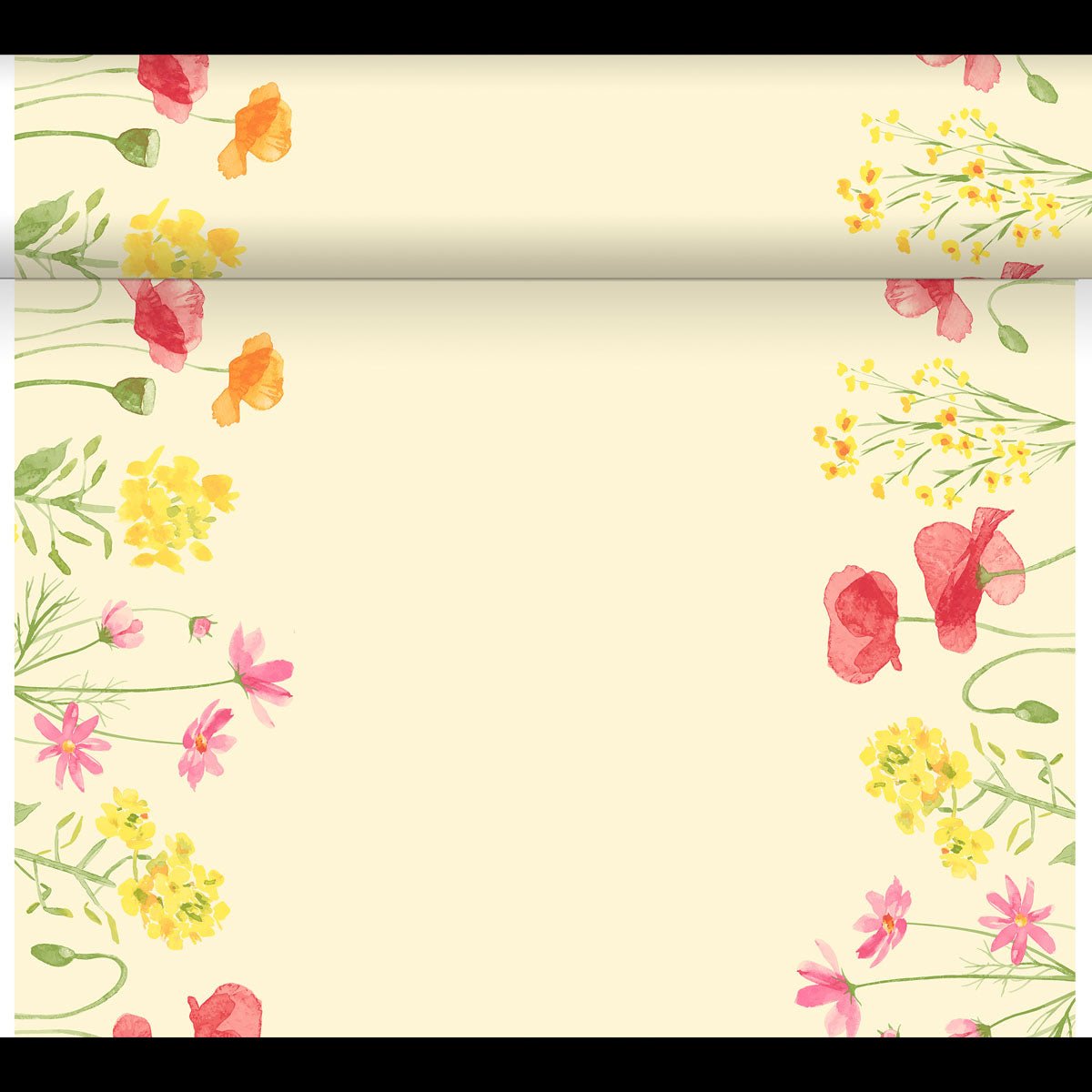 Un DC-Tete a Tete 0,4x24m jaune pâle de Duni GmbH est orné de fleurs sauvages aquarellées roses, jaunes et rouges sur les bords, rappelant un jardin charmant. Le centre est libre pour écrire ou dessiner.
