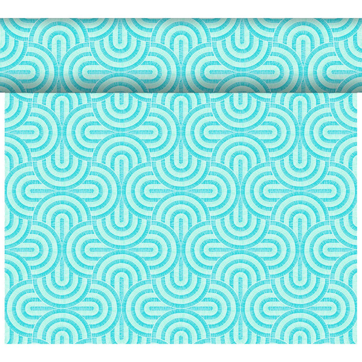 Un rouleau partiellement déroulé du papier peint DC-Tete a Tete 0,4x24m de Duni GmbH montre un motif rétro géométrique d'arcs et de cercles concentriques en teal et blanc sur un fond blanc. Il est résistant aux intempéries pour une durabilité accrue.