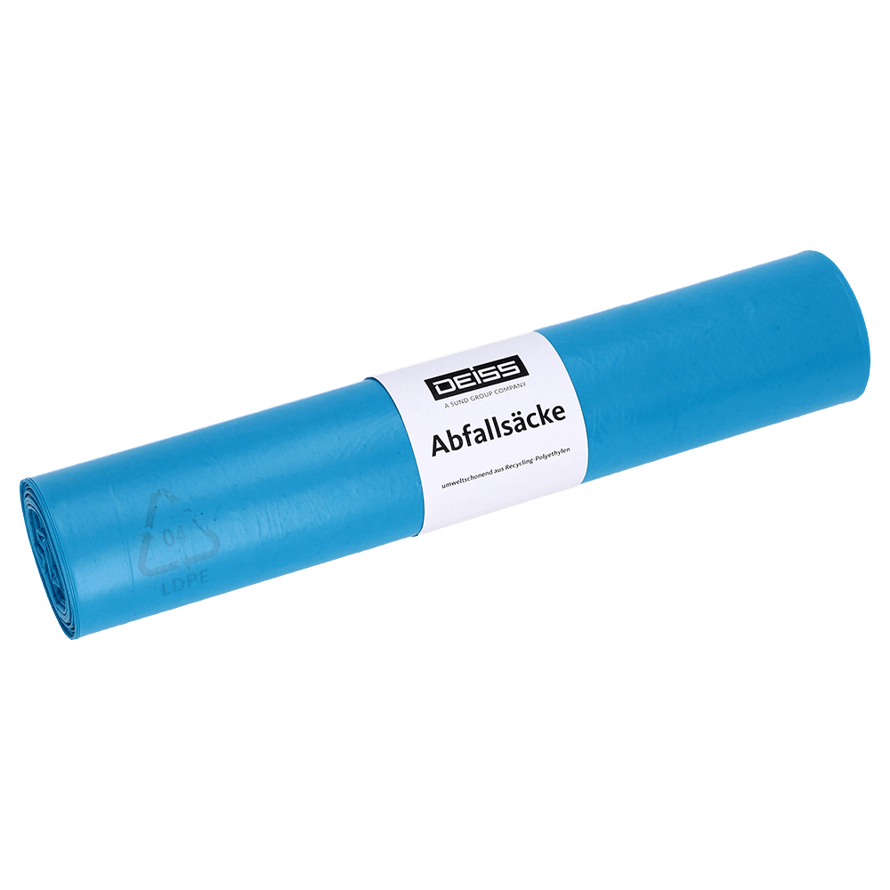 Un rouleau de sacs poubelles DEISS 20243 (700x1100 mm, type 70, bleu, 25 pièces) de EMIL DEISS KG (GmbH + Co.) avec une étiquette centrale blanche sur laquelle sont inscrits "DEISS" et "sacs à déchets", sur fond blanc.