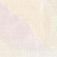 Auf einem gewebten Hintergrund aus Leinen in Beige, Creme und hellrosa Wellen ist ein kleines ovales Etikett mit der Aufschrift "Duni GmbH" angebracht, auf dem Zellt.Serv.33x33 3lg 1/4 Serenity Servietten (250 Stück), Größe 33 x 33 cm.