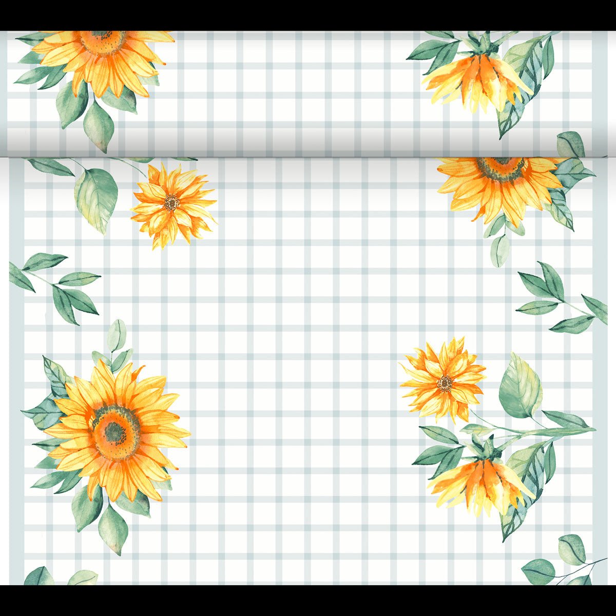 Le DC-Tete a Tete 0,4x24m de Duni GmbH a un fond blanc avec une grille gris clair et des tournesols jaunes avec des feuilles vertes à chaque coin, formant une bordure décorative qui rappelle l'été.