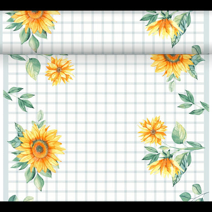 Le DC-Tete a Tete 0,4x24m de Duni GmbH a un fond blanc avec une grille gris clair et des tournesols jaunes avec des feuilles vertes à chaque coin, formant une bordure décorative qui rappelle l'été.