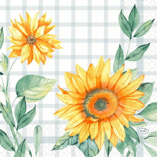 Zwei gelbe Sonnenblumen mit grünen Blättern sind auf einem weiß-hellgrau karierten Hintergrund abgebildet. Dieses Dekor im Aquarell-Stil macht die Duni GmbH Serv.33x33 3lg 1/4 Sonnenblume Servietten (Packung, 50 Stück) perfekt für jeden gedeckten Tisch.
