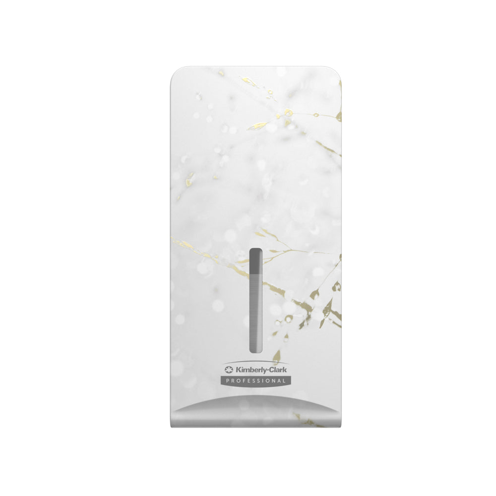 Die Kimberly-Clark Professional™ Icon™ Dispenser Faceplate - FTT von Kimberly-Clark GmbH (27,80 x 13,10 x 1,40 cm) zeichnet sich durch ein dezentes Marmordesign und ein vertikales Sichtfenster aus, das sich ideal in jedes Waschraumdekor einfügt.