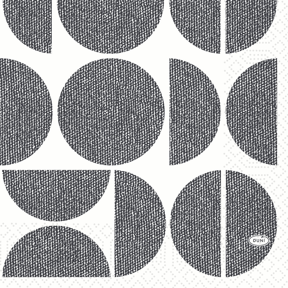 De Duni GmbH Zellt.Serv.33x33 3lg 1/4 vormen toont zwarte gestructureerde cirkels, halve cirkels en kwartcirkels op wit, een geweven ontwerp en een ovaal "DUNI"-logo, veelzijdig inzetbaar. Afmeting: 33x33 cm. Verpakking: 250 servetten.