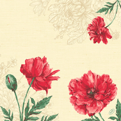 Illustration von drei roten Mohnblumen mit grünen Blättern und einer Knospe auf beige mit dezenten floralen Ecklinien-ideal für Duni GmbH Klassikservietten 40 x 40 cm 4-lagig, geprägt 1/4 Falz.