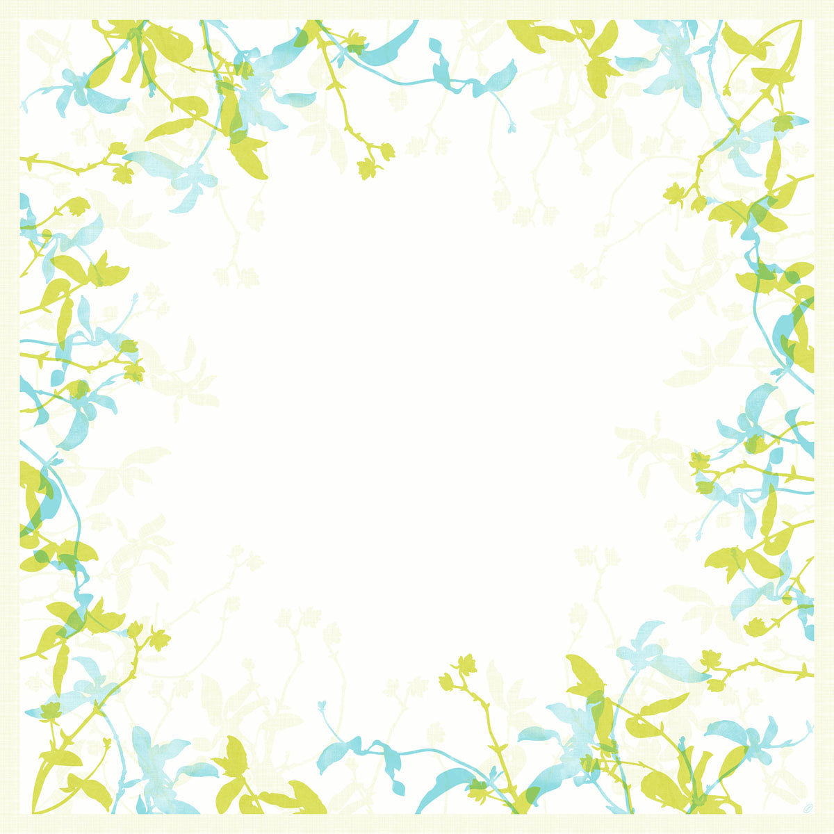 Eine quadratische Bordüre aus hellgrünen und blauen Blumen im Aquarellstil umrahmt die Dunisilk MD Tischdecke 84x84 cm Elise von Duni GmbH-hochwertige, wasserabweisende Tischdekoration im 20er Pack, deren zarte florale Konturen in die weiße Mitte übergehen.