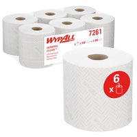 Op de afbeelding zijn zes witte rollen WypAll® L20 papieren doekjes te zien, 2-laags, met centrale afname (6 rollen x 550 vellen) van Kimberly-Clark GmbH, met duidelijke merkidentiteit en een rood etiket om de industriële reinigingsverpakking extra te benadrukken.