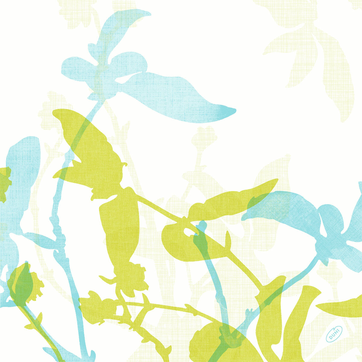 Eine digitale Illustration von sich überlagernden hellgrünen und blauen botanischen Silhouetten auf Weiß ziert die Duni GmbH Klassikservietten 40 x 40 cm, 4-lagig, geprägt mit dezentem Muster und 1/4-Falz - perfekt für den elegant gedeckten Tisch.