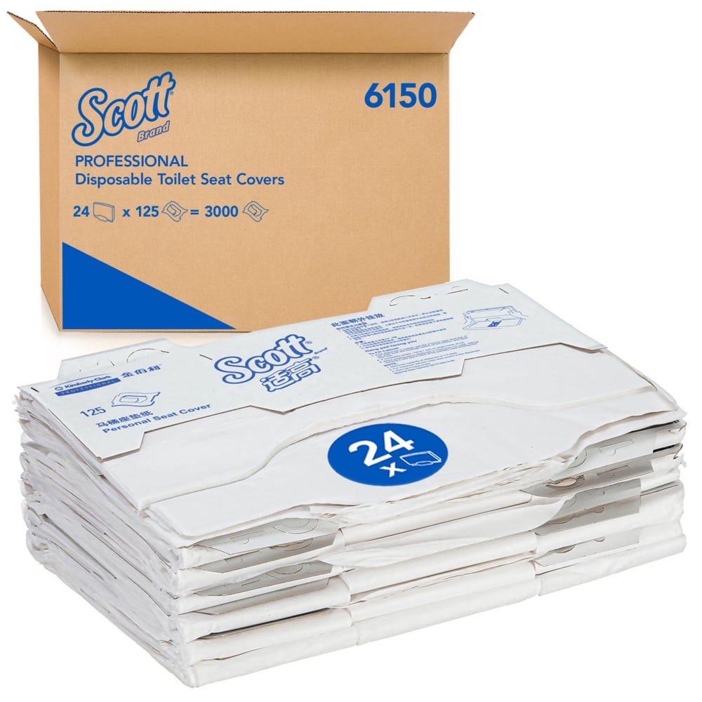 Un carton portant l'inscription "Scott® Couvre-sièges de toilette - Blanc" de Kimberly-Clark GmbH contient 24 sacs de 125 couvre-sièges chacun (soit un total de 3 000) pour une utilisation hygiénique des toilettes, avec les couvre-sièges emballés individuellement illustrés à l'avant.