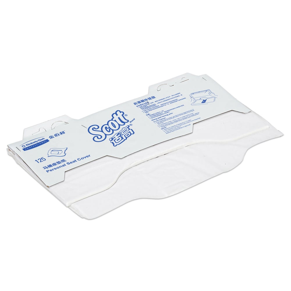 Un paquet partiellement ouvert de couvre-sièges de toilette Scott® - Blanc (Kimberly-Clark GmbH), 24 sacs x 125 paquets/carton, révèle des couvre-sièges blancs à l'intérieur ; parfait pour une utilisation hygiénique des toilettes.