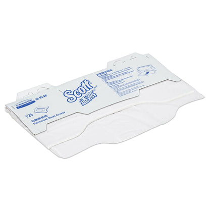 Un paquet partiellement ouvert de couvre-sièges de toilette Scott® - Blanc (Kimberly-Clark GmbH), 24 sacs x 125 paquets/carton, révèle des couvre-sièges blancs à l'intérieur ; parfait pour une utilisation hygiénique des toilettes.