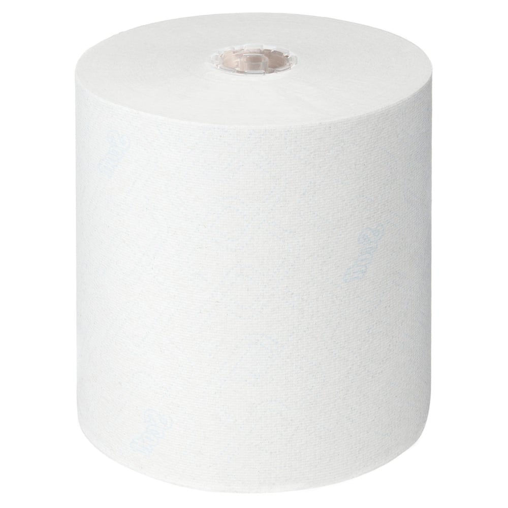 Un grand rouleau blanc de serviettes Scott® Control™ - rouleau / blanc de Kimberly-Clark GmbH se tient debout sur un fond blanc, avec un noyau en carton visible - idéal pour des serviettes hygiéniques et un séchage efficace des mains.