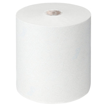Un grand rouleau blanc de serviettes Scott® Control™ - rouleau / blanc de Kimberly-Clark GmbH se tient debout sur un fond blanc, avec un noyau en carton visible - idéal pour des serviettes hygiéniques et un séchage efficace des mains.