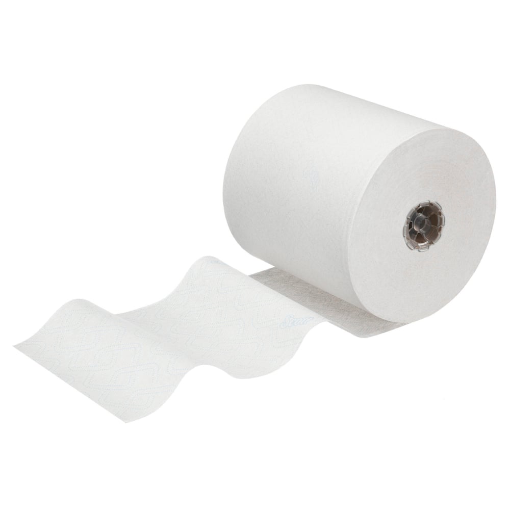 Un rouleau individuel de serviettes Scott® Control™ - rouleau / blanc de Kimberly-Clark GmbH est déroulé sur un fond entièrement blanc, montrant la texture et le noyau en carton - idéal pour respecter les normes hygiéniques des serviettes.
