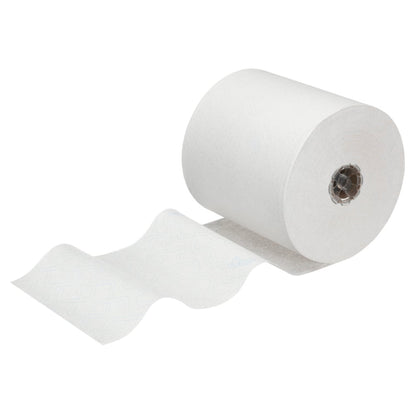 Un rouleau individuel de serviettes Scott® Control™ - rouleau / blanc de Kimberly-Clark GmbH est déroulé sur un fond entièrement blanc, montrant la texture et le noyau en carton - idéal pour respecter les normes hygiéniques des serviettes.