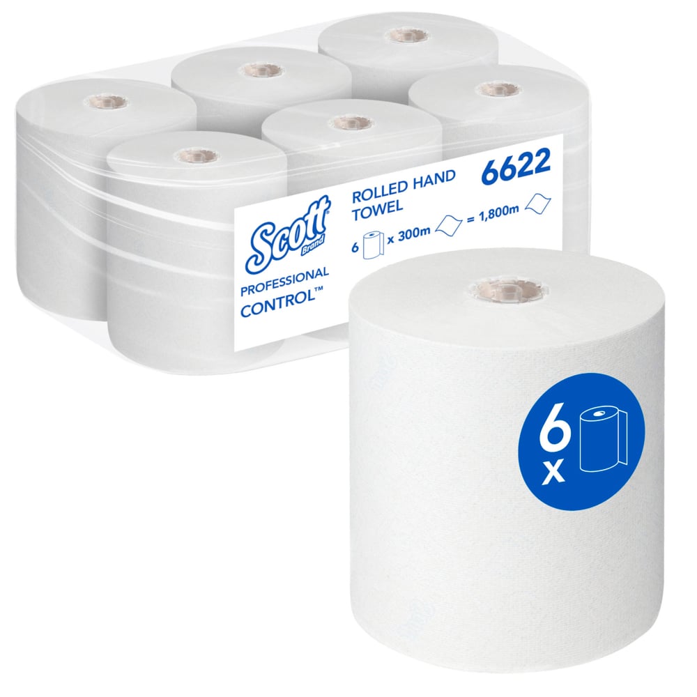 Un paquet de six serviettes Scott® Control™ - rouleau / blanc de Kimberly-Clark GmbH, blanc, empilées en deux rangées. Chaque rouleau de 300 m pour des serviettes hygiéniques et un séchage efficace des mains.