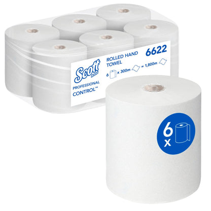 Un paquet de six serviettes Scott® Control™ - rouleau / blanc de Kimberly-Clark GmbH, blanc, empilées en deux rangées. Chaque rouleau de 300 m pour des serviettes hygiéniques et un séchage efficace des mains.