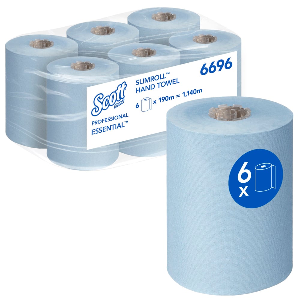 Zes blauwe rollen Scott® Essential™ Slimroll™ handdoeken (190 m x 19,8 cm) van Kimberly-Clark GmbH, een rol vooraan, verpakking achteraan met "6 x 190 m = 1.140 m", productcode 6696 - milieuvriendelijk handen drogen.