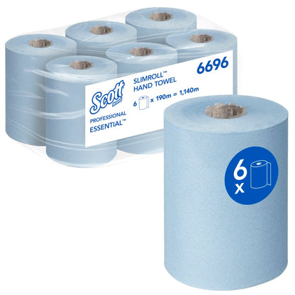 Zes blauwe rollen Scott® Essential™ Slimroll™ handdoeken (190 m x 19,8 cm) van Kimberly-Clark GmbH, een rol vooraan, verpakking achteraan met "6 x 190 m = 1.140 m", productcode 6696 - milieuvriendelijk handen drogen.