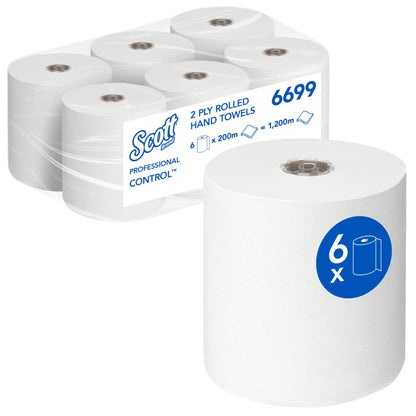 Six rouleaux de serviettes Scott® Control™ - rouleau / blanc de Kimberly-Clark GmbH, chacun emballé individuellement; le paquet contient 6 rouleaux d'une longueur totale de 1.200 mètres pour un séchage hygiénique des mains. Un rouleau est illustré à l'avant.