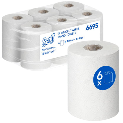 Een verpakking met zes Scott® Essential™ Slimroll™ handdoeken (190 m x 19,8 cm) van Kimberly-Clark GmbH, gerangschikt in twee rijen van drie met productlabel en een blauw "6x"-rolsymbool, perfect voor milieuvriendelijk handen drogen met kwaliteits papieren handdoeken.