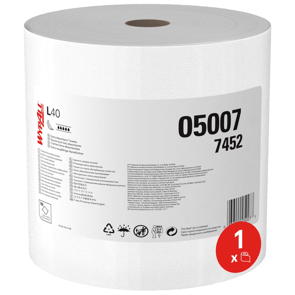 Een grote witte WypAll® L40 PowerClean Grootrol van Kimberly-Clark GmbH (1 rol x 750 vellen, karton) is voorzien van het artikelnummer 05007 7452, toepassingssymbolen en een rood "1 x"-symbool dat de hoge absorptie benadrukt.