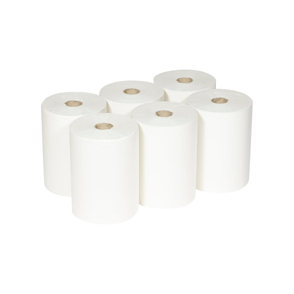 Six serviettes Scott® Slimroll™ de Kimberly-Clark GmbH sont disposées en deux rangées sur fond blanc; les serviettes en papier cylindriques et absorbantes montrent un noyau en carton brun au centre.