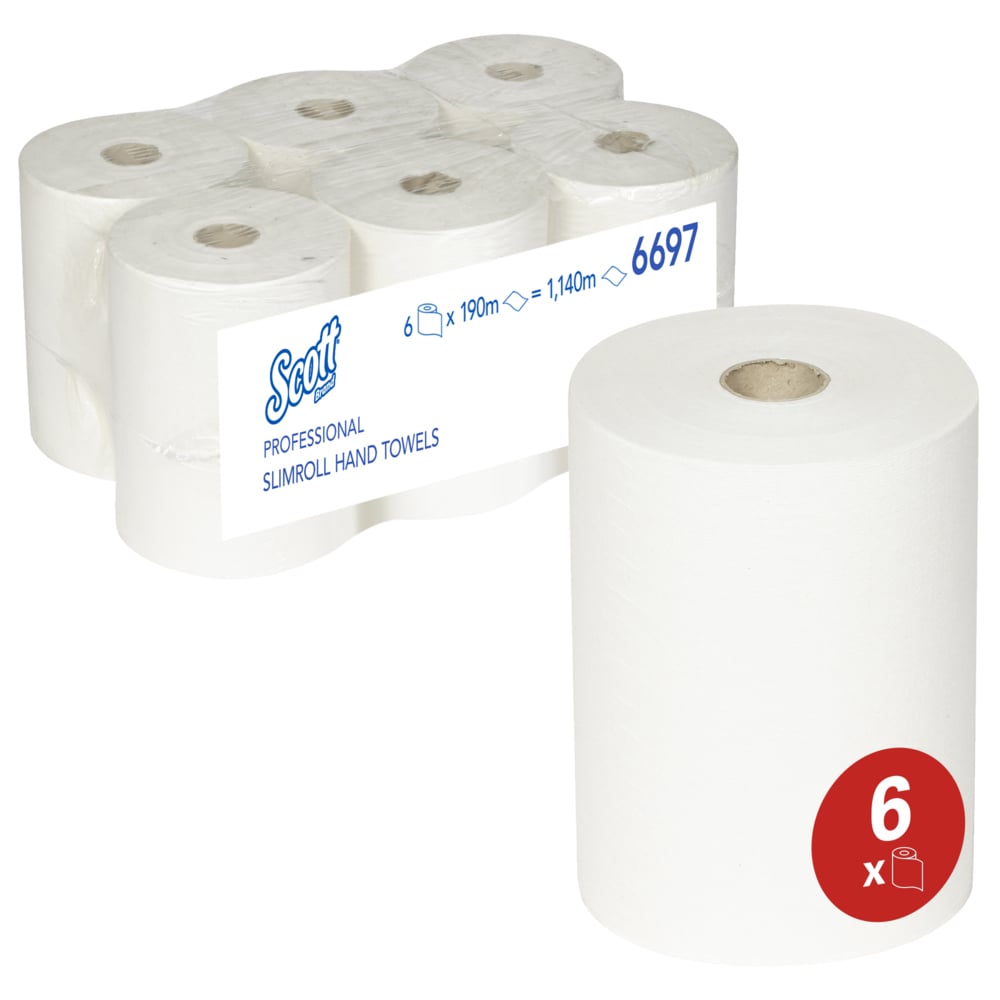 Six serviettes Scott® Slimroll™ de Kimberly-Clark GmbH sont emballées de manière peu encombrante dans un film transparent. La serviette absorbante avec le symbole rouge du pack de 6 est visible - parfait pour les applications professionnelles.