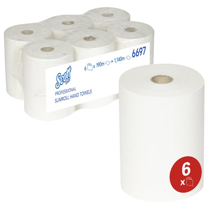 Six serviettes Scott® Slimroll™ de Kimberly-Clark GmbH sont emballées de manière peu encombrante dans un film transparent. La serviette absorbante avec le symbole rouge du pack de 6 est visible - parfait pour les applications professionnelles.