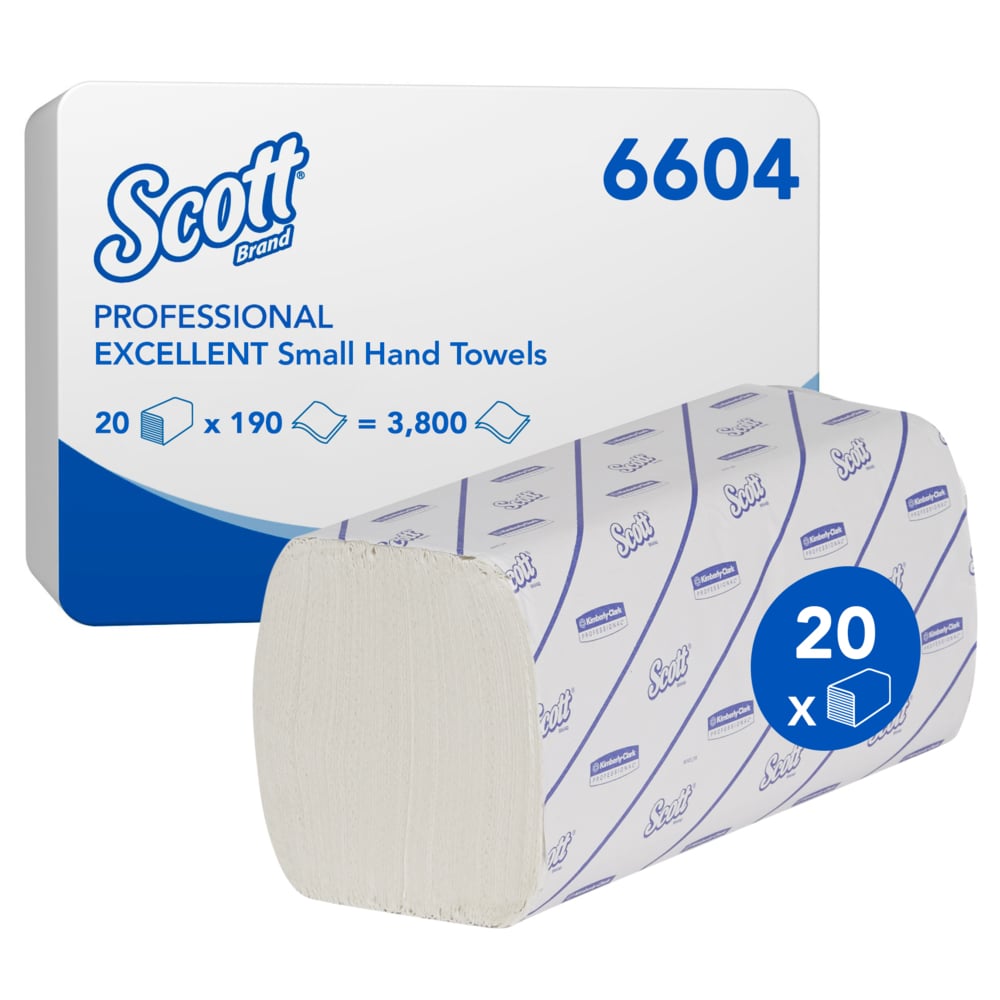 Un carton de serviettes Scott® EXCELLENT - Interfold/Blanc/Petit de Kimberly-Clark GmbH contient 20 paquets de 190 feuilles chacun (réf. 6604), idéal pour un séchage des mains hygiénique. Les données du produit sont clairement affichées sur le carton extérieur.