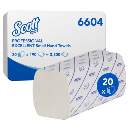 Un carton de serviettes Scott® EXCELLENT - Interfold/Blanc/Petit de Kimberly-Clark GmbH contient 20 paquets de 190 feuilles chacun (réf. 6604), idéal pour un séchage des mains hygiénique. Les données du produit sont clairement affichées sur le carton extérieur.