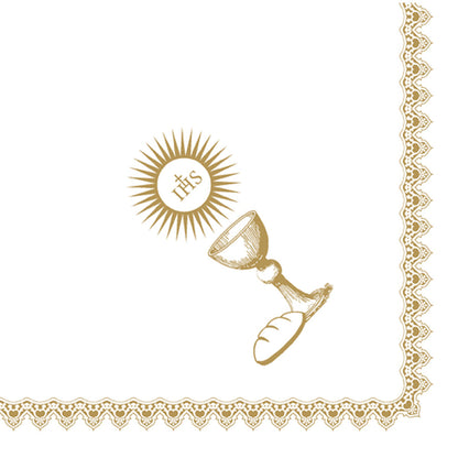 Ein goldener Abendmahlskelch, Hostie mit IHS und Brot sind neben einer Spitzenbordüre auf Weiß abgebildet. Die 40 x 40 cm große Dunisoft-Servietten 1/4 Falz von Duni GmbH ist perfekt für besondere Anlässe.