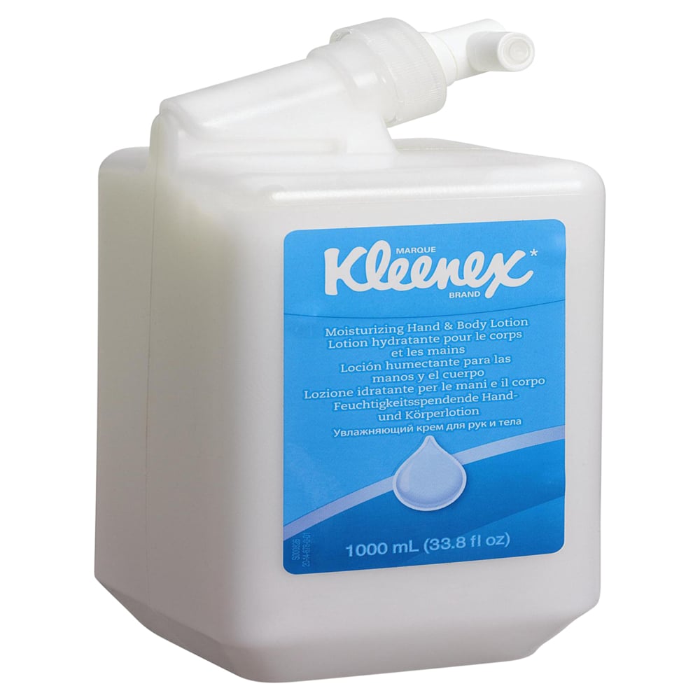 Une cartouche blanche de 1 litre de lotion hydratante pour les mains et le corps Kleenex® de Kimberly-Clark GmbH, idéale pour le soin des mains et du corps ; dans un emballage de 6 cartouches par carton.