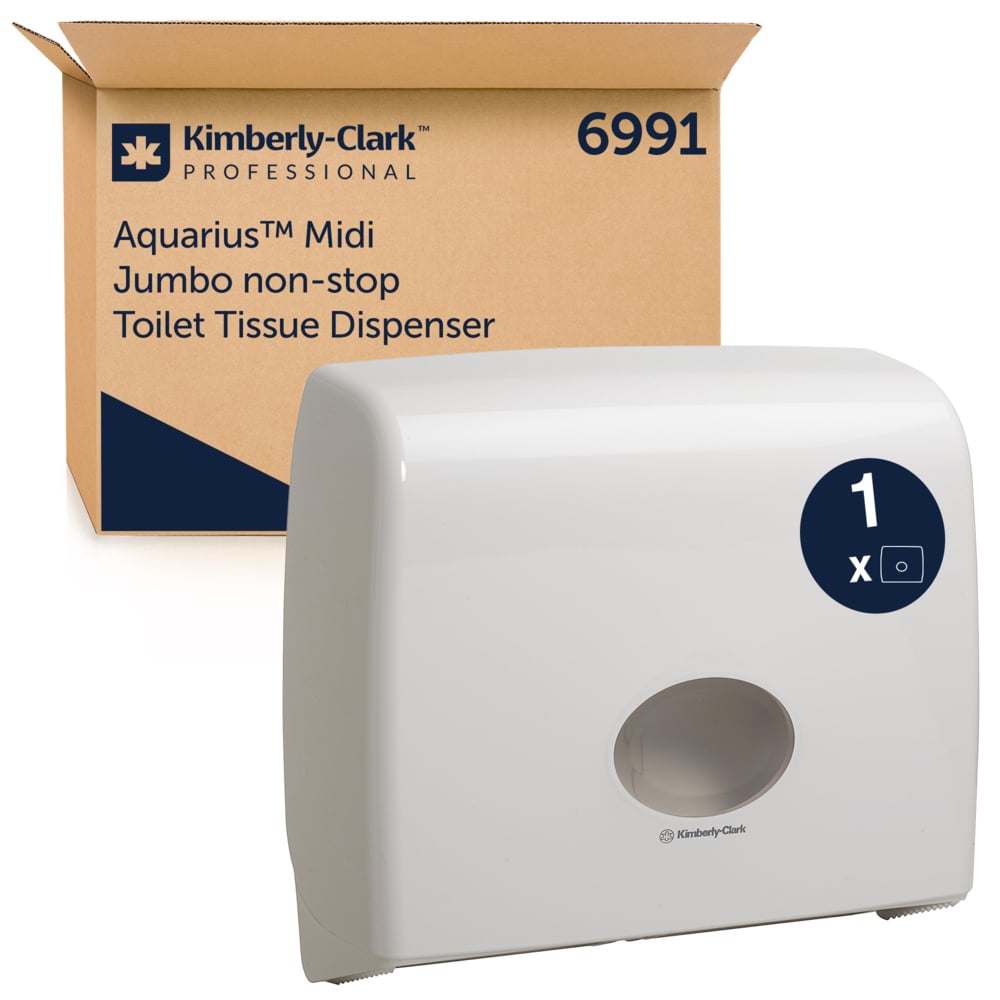 Le distributeur de papier toilette Aquarius™ - Jumbo Non-Stop de Kimberly-Clark GmbH en blanc offre une solution pratique et hygiénique pour vos besoins en papier toilette. 1 distributeur par carton.