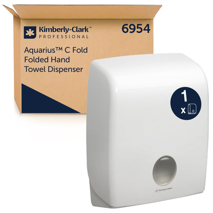 Un distributeur blanc Aquarius™ pour serviettes pliées - pliage en C de Kimberly-Clark GmbH est montré devant sa boîte brune marquée du nom du produit et du numéro 6954.