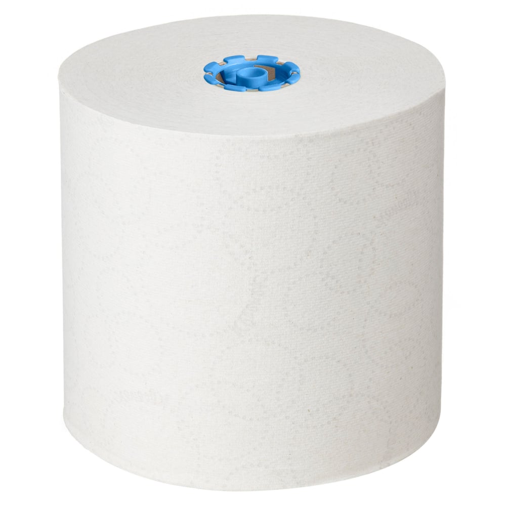 Eine große weiße Rolle Kleenex® Rollenhandtücher - E-roll Large, 1-lagig, 250m von Kimberly-Clark GmbH steht aufrecht mit einem blauen Kern auf weißem Hintergrund, ideal zum hygienischen Händetrocknen. Die Schachtel enthält 6 Rollen.