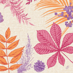 Illustration représentant des feuilles d'automne, des brindilles, des baies et une pomme de pin dans des tons chauds sur un fond beige – idéale pour les serviettes Dunisoft de Duni GmbH (40 x 40 cm), afin de créer une table chaleureuse et respectueuse de l'environnement.