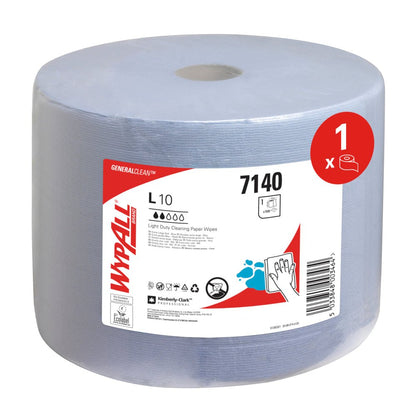 Le grand rouleau de lingettes bleues WypAll® L10 EXTRA de Kimberly-Clark GmbH (1 rouleau, 1500 feuilles, carton) dispose d'un trou central pour un retrait facile, est marqué avec le modèle 7140 et contient un symbole indiquant un rouleau.