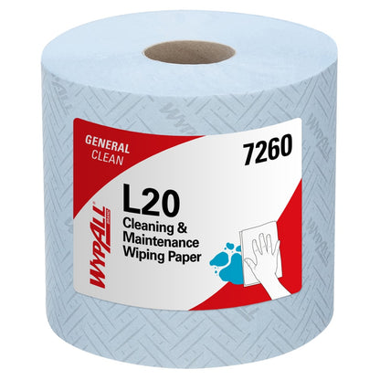 Ein Karton WypAll® L20 General Clean Centrefeed, 2-lagige blaue Papierhandtücher (6 Rollen x 550 Blatt), von Kimberly-Clark GmbH, ideal für vielseitige Reinigung und allgemeine Reinigungsaufgaben.