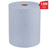 Le grand rouleau de papier essuie-tout bleu extra-large WypAll® L20 de la société Kimberly-Clark GmbH se distingue par une texture légèrement texturée et l'inscription « Wypall ». L'étiquette rouge indique 1 000 feuilles et comporte un symbole représentant deux couches.