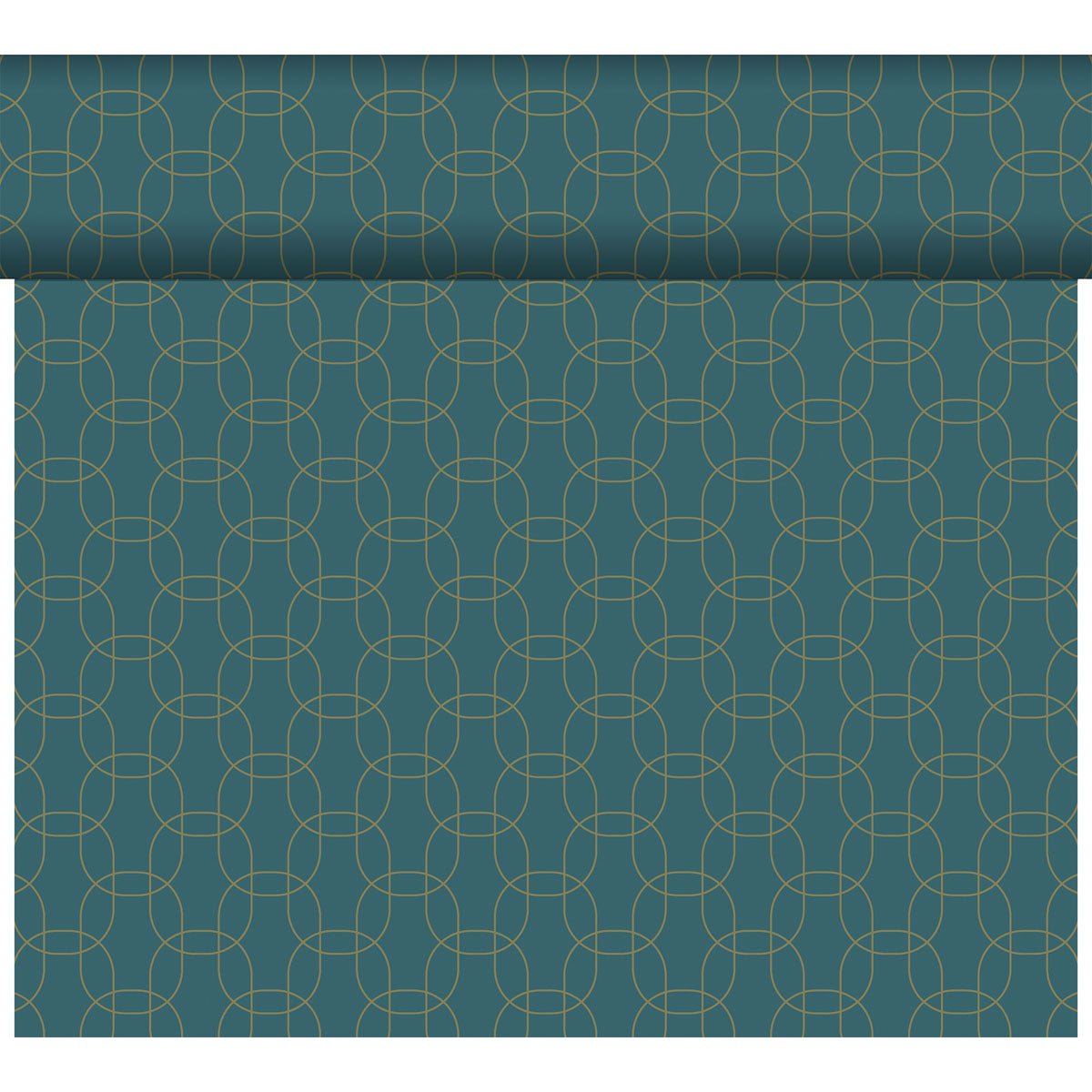 Le DC-Tete a Tete 0,4x24m de Duni GmbH est un rouleau de papier peint bleu-vert avec un design moderne composé de motifs géométriques répétitifs de fines lignes dorées entrecroisées formant des formes courbées.
