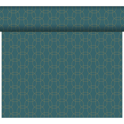 Le DC-Tete a Tete 0,4x24m de Duni GmbH est un rouleau de papier peint bleu-vert avec un design moderne composé de motifs géométriques répétitifs de fines lignes dorées entrecroisées formant des formes courbées.