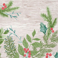 Een aquarelachtig wintergroen motief met dennen, hulst, dennentakken en rode bessen op een lichte houten achtergrond. Ideaal voor de servetten van Duni GmbH, 40x40, 3-laags, 1/4 Winter Greenery (verpakking van 250 stuks).
