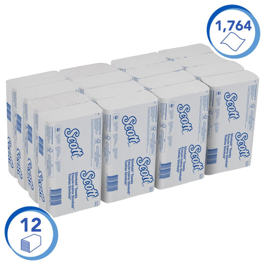 Sechzehn Packungen Scott® SLIMFOLD Handtücher von Kimberly-Clark GmbH, jede mit 110 Blatt, sind übersichtlich angeordnet. Die weiße Verpackung hebt 1.760 Blatt und 16 Packungen hervor - ideal für hygienisches Händetrocknen in stark frequentierten Bereichen.