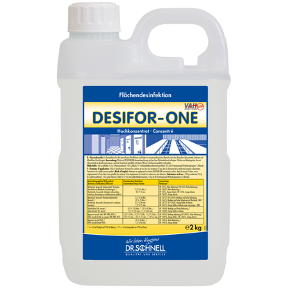 Un conteneur en plastique de 2 kg de Dr. Schnell Desifor-One Désinfection de surface, à action virucide limitée PLUS de DR.SCHNELL GmbH & Co. KGaA, avec un couvercle blanc et une poignée. L'étiquette sur le devant contient des informations, des instructions et des conseils de dosage en allemand.