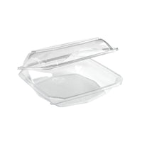Le récipient alimentaire transparent en rPET Octaview® 400 ml de Duni GmbH (125 x 125 x 80 mm), présenté ouvert et vide sur fond blanc, constitue une solution d'emballage durable. Le lot contient 400 pièces.
